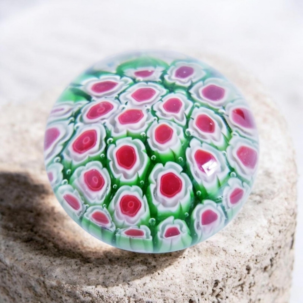 Vintage Millefiori Art Glass Paperweight Floral Cane Murrine Red Green Clear